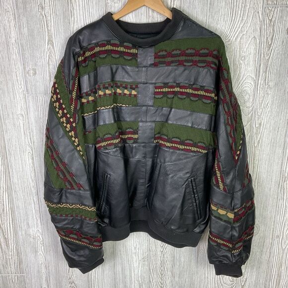 Vintage Ledge New York Milano Leather Knit Pullover Bomber Jacket Size XXL Green - Picture 2 of 12